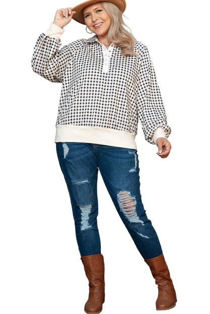 Black Plus Size Two Tone Contrast Collared Pullover Sweatshirt Garden Naked Curves
