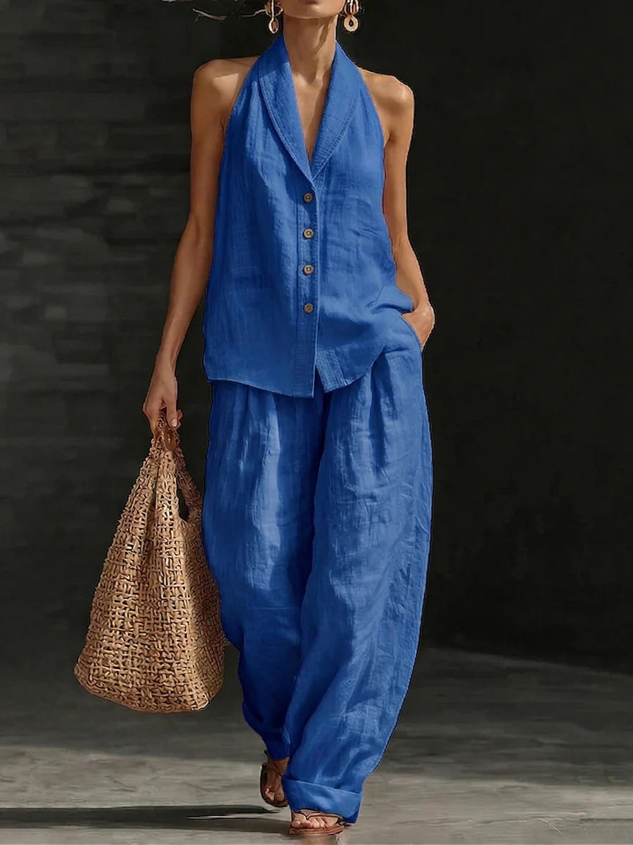Women's Sleeveless Vest & Wide-Leg Pants Cotton-Linen Two-Piece Set FitiqueFit