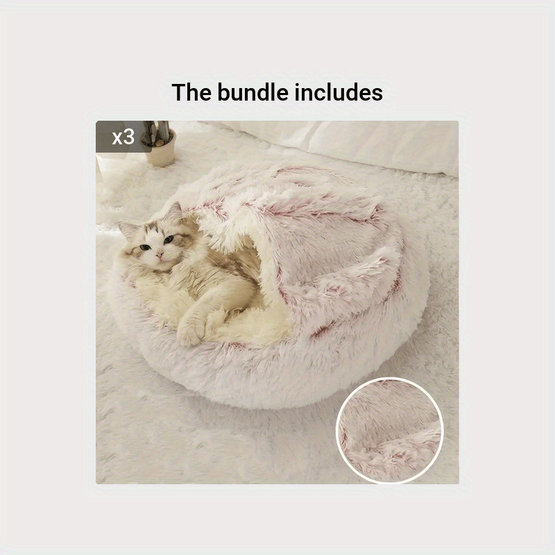 2 in 1 Round Warm Pet Bed House Polyester Cat Bed, Long Plush, Winter, with Sleeping Bag Sofa Cushion for Cat NovaCart