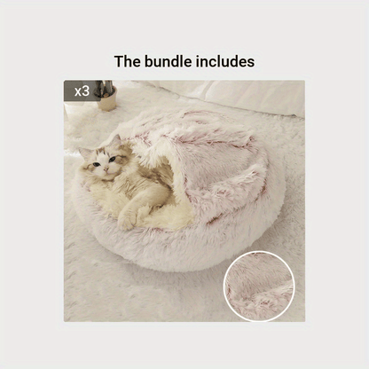 2 in 1 Round Warm Pet Bed House Polyester Cat Bed, Long Plush, Winter, with Sleeping Bag Sofa Cushion for Cat NovaCart