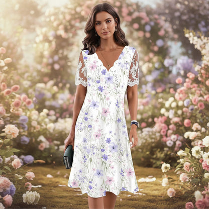 Women's Floral Lace Flounce Neckline High-Waist A-Line Midi Dress FitiqueFit