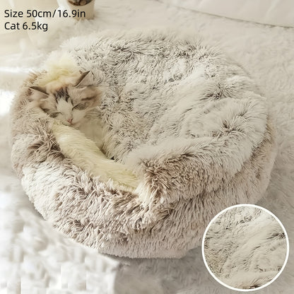 2 in 1 Round Warm Pet Bed House Polyester Cat Bed, Long Plush, Winter, with Sleeping Bag Sofa Cushion for Cat NovaCart