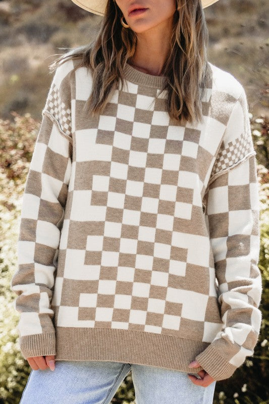 Checker Round Neck Drop Shoulder Sweater Shop Style & More | Fresh Looks, Everyday Deals & Free Shipping
