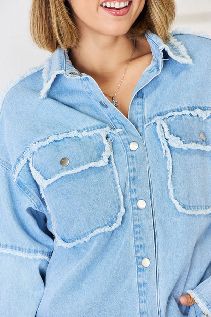 PEACE Raw Hem Dropped Shoulder Denim Top New Era Fashion LLc