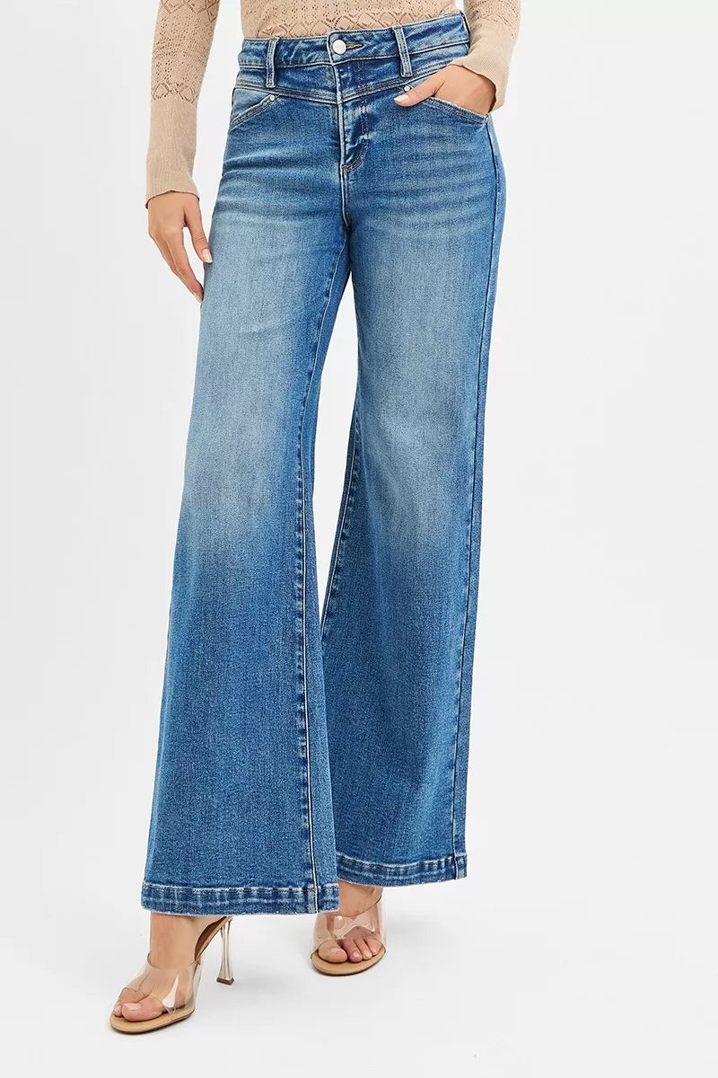 RISEN High Rise Wide Leg Jenas with Front Yoke and Heart Back Pocket West2East Surf