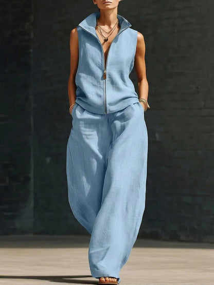 Women's Sleeveless Zippered Linen Two-Piece Set FitiqueFit