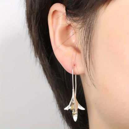 Female Fashion Vintage Blooming Flowers Two Tone Dangle Hanging Engagement Jewelry Earrings NovaCart
