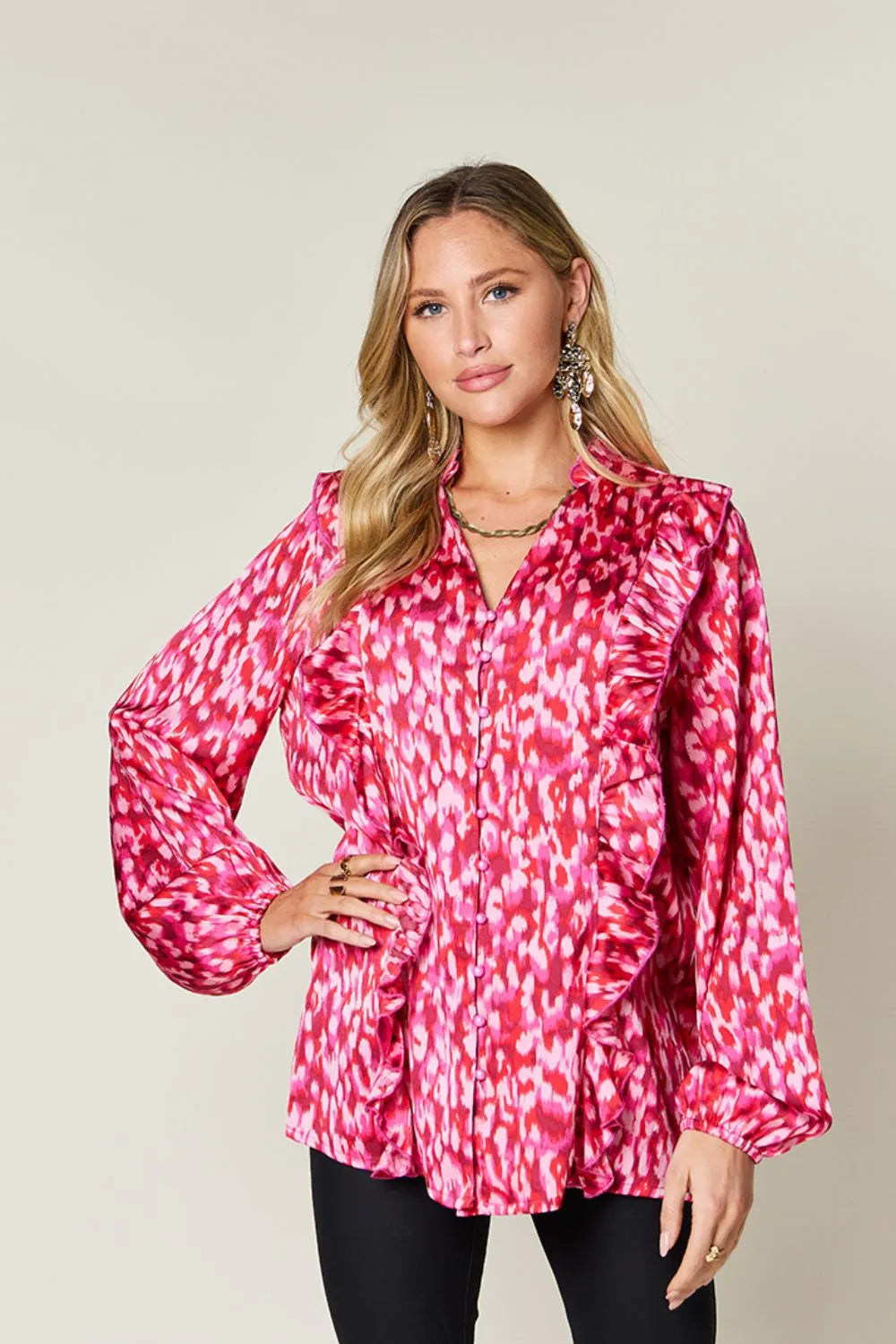 Double Take Full Size Printed Ruffle Trim Balloon Sleeve Shirt New Era Fashion LLc