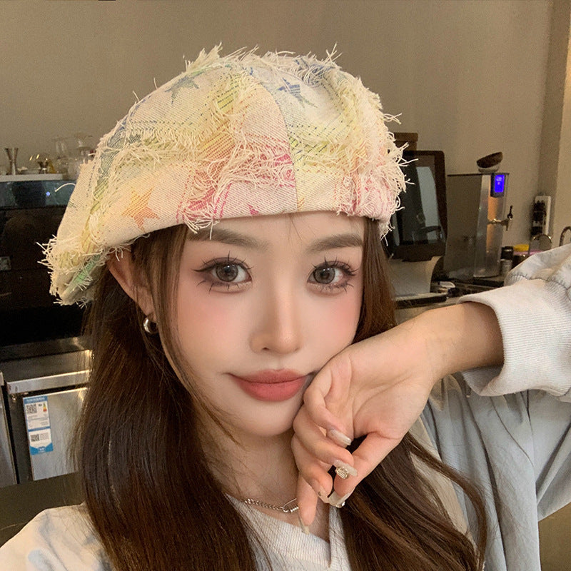 Colorful Plaid Star Distressed Beret — Korean Style Five-Pointed Hat FitiqueFit