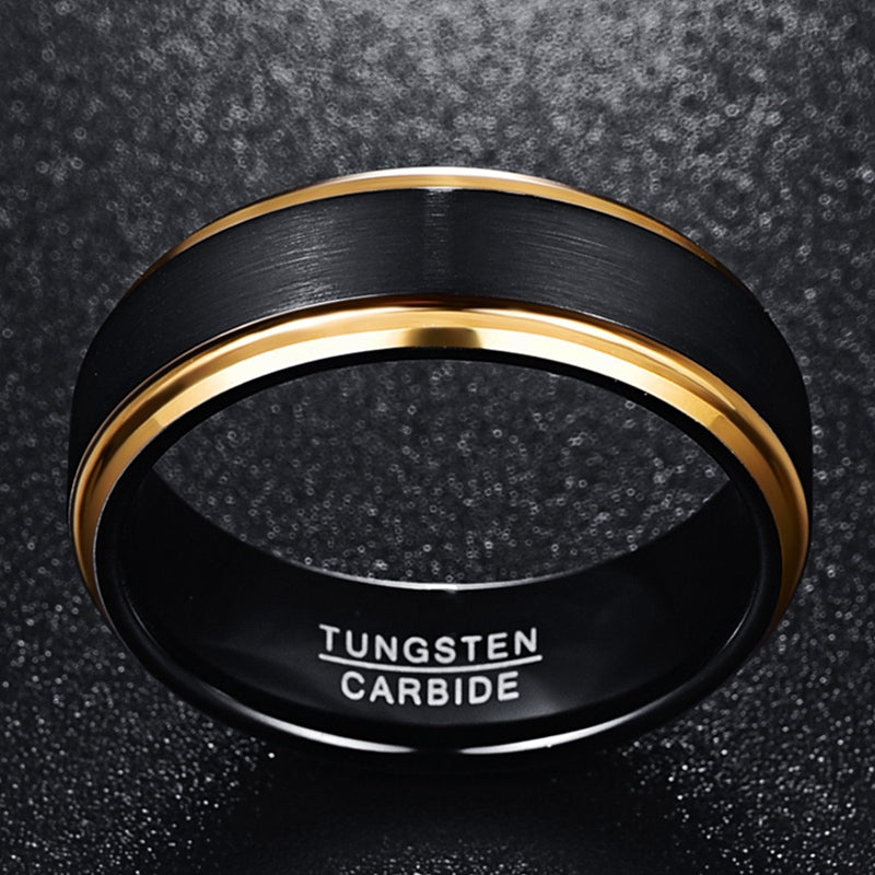 8mm Width Vacuum Plating Golden Edge Black Matte Surface Men's Tungsten Ring USA Size 7-15 NovaCart