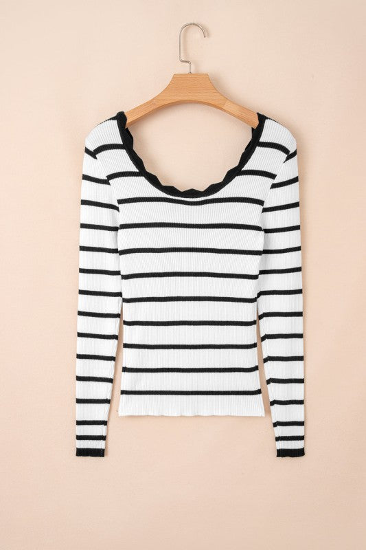 Stripe Scalloped Scoop Neck Ribbed Knit Sweater Shop Style & More | Fresh Looks, Everyday Deals & Free Shipping