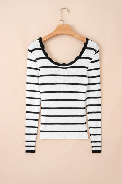 Stripe Scalloped Scoop Neck Ribbed Knit Sweater Shop Style & More | Fresh Looks, Everyday Deals & Free Shipping