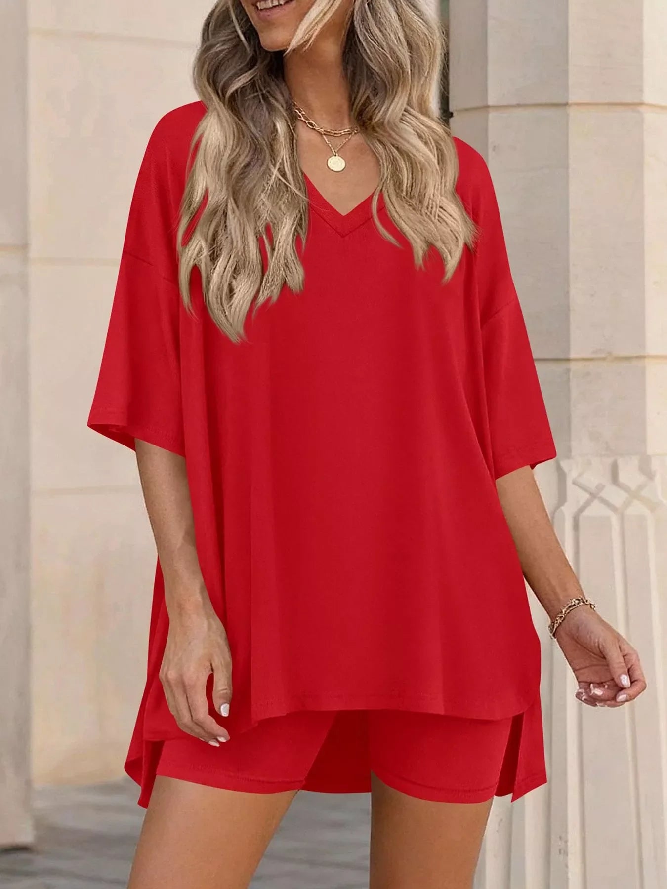 Full Size Casual Loose V-Neck T-Shirt & Shorts Set Plus Size New Era Fashion LLc