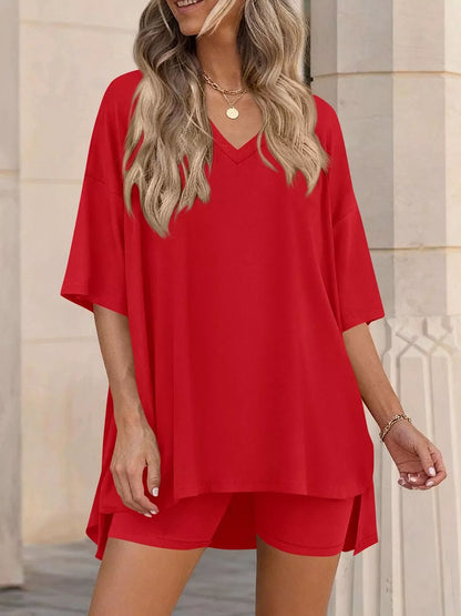 Full Size Casual Loose V-Neck T-Shirt & Shorts Set Plus Size New Era Fashion LLc