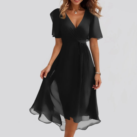 Chiffon Print V-Neck Dress – Elegant Two-Piece Set Midi Dress FitiqueFit