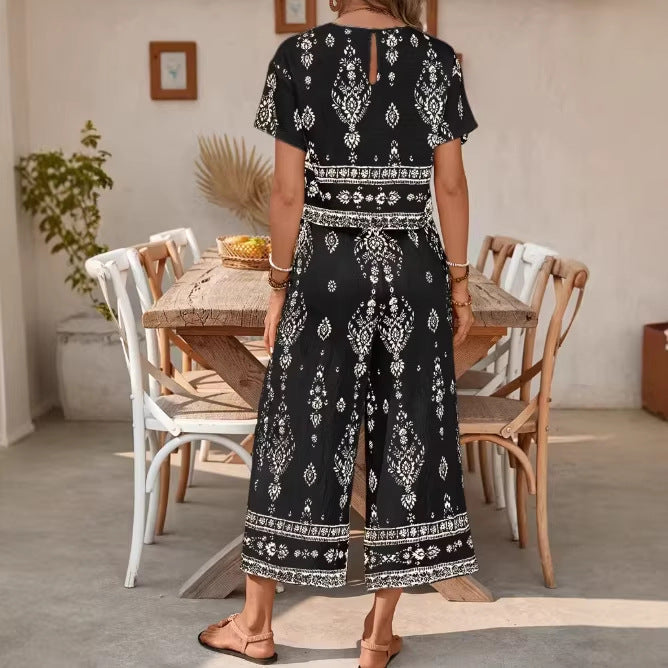 Women's Ethnic Print Contrast Two-Piece Set – Top & Straight-Leg Pants FitiqueFit