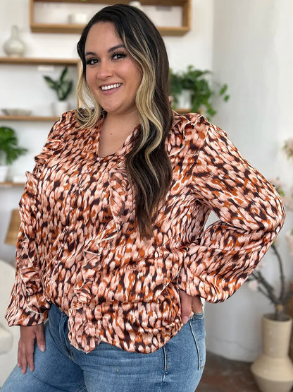 Double Take Full Size Printed Ruffle Trim Balloon Sleeve Shirt New Era Fashion LLc