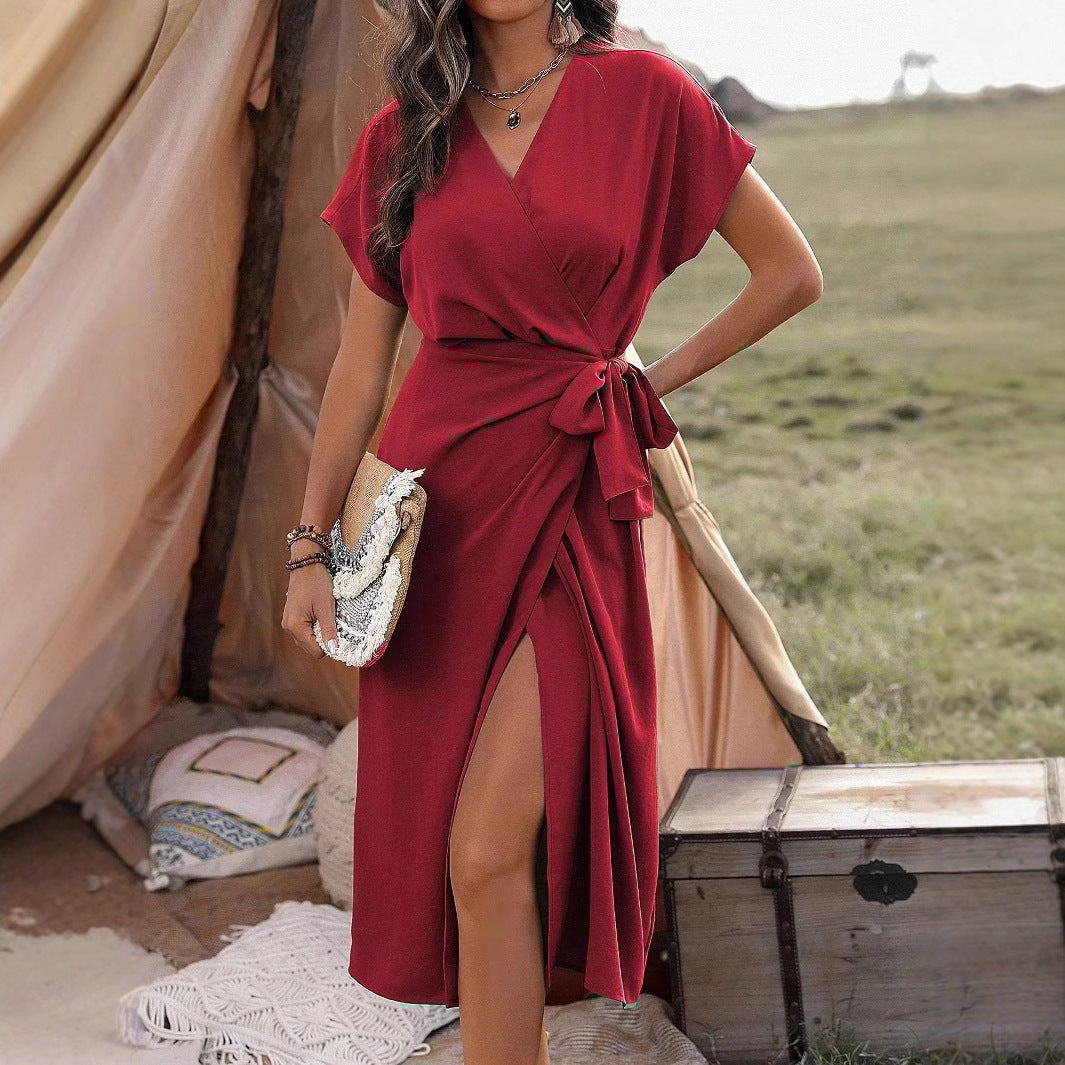 Commuting Fashion Forged Split Women's Solid Color Wrap Suspender Dress Grayceful LLC