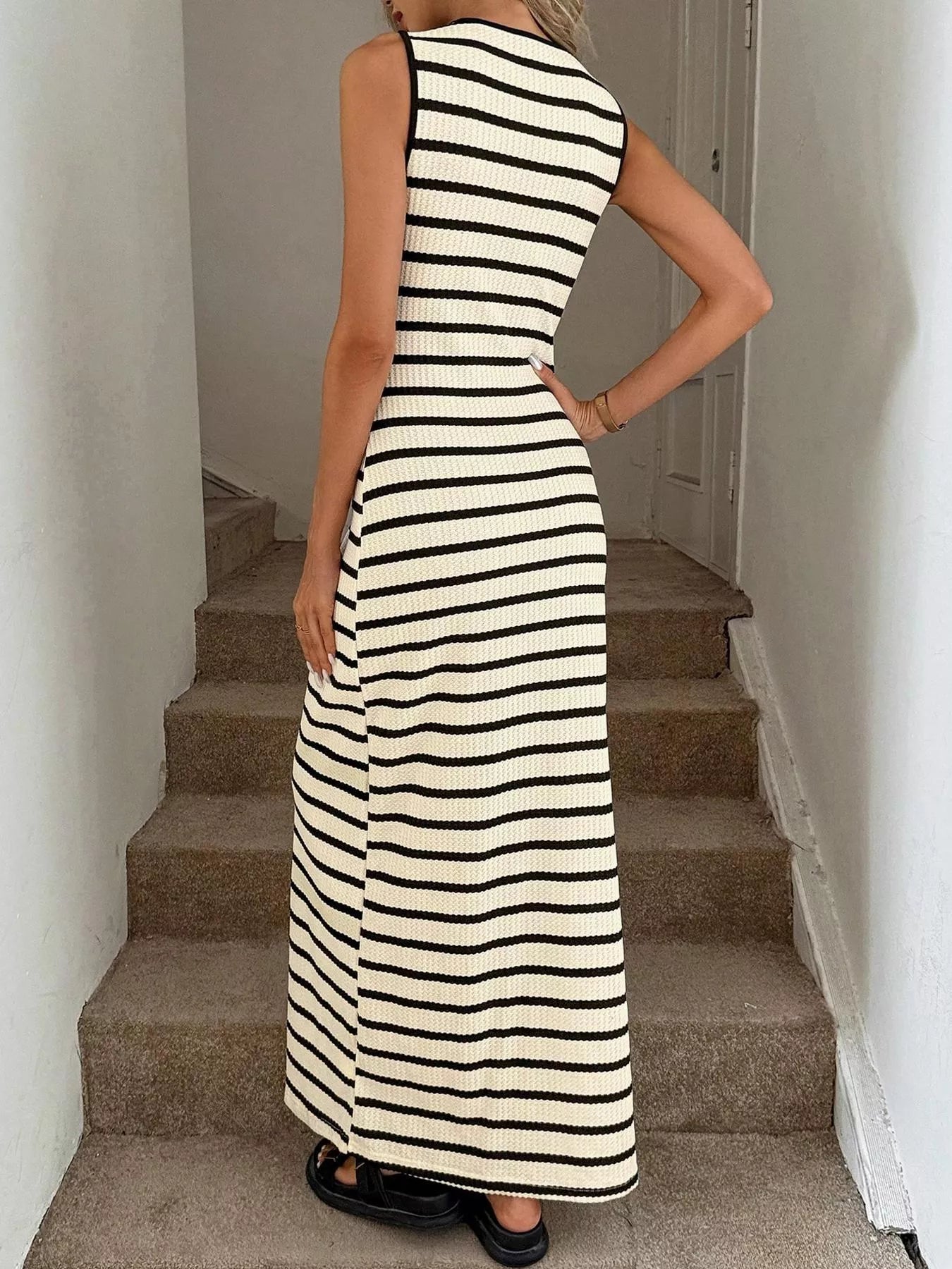 Striped Button-Front Sleeveless Slit Maxi Dress New Era Fashion LLc
