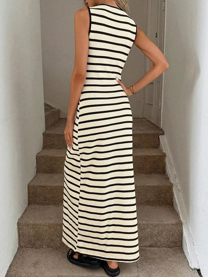 Striped Button-Front Sleeveless Slit Maxi Dress New Era Fashion LLc