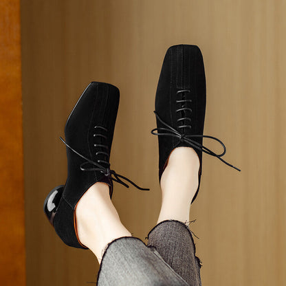 Women's Retro Sheepskin Square Toe Chunky Heel Pumps – Lace-Up Mid Heel FitiqueFit
