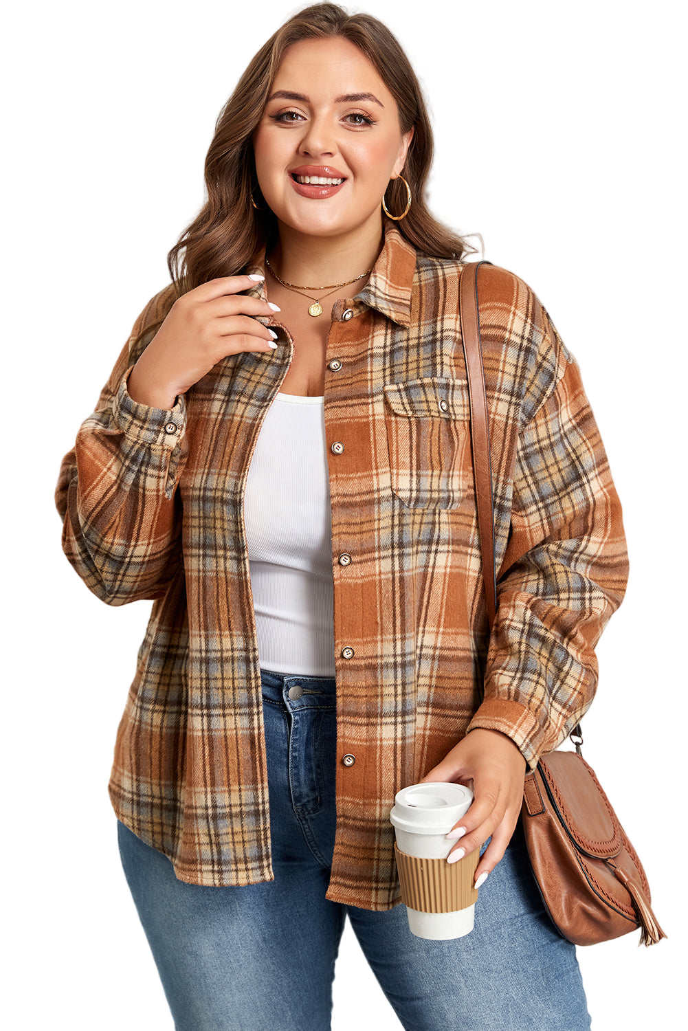 Brown Plaid Print Flap Pocket Buttoned Plus Size Shacket Garden Naked Curves