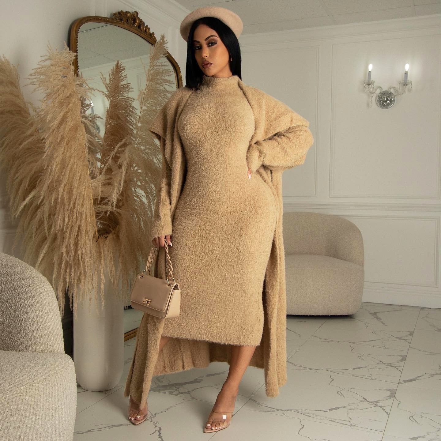 Autumn And Winter Elegant Dress Long Cardigan Velvet Two-piece Suit Grayceful LLC