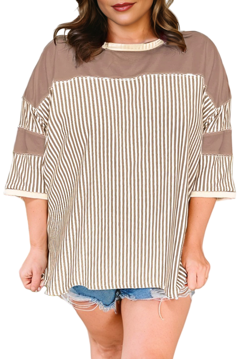 Khaki Stripe Patchwork Bracelet Sleeve Plus Size T Shirt Garden Naked Curves