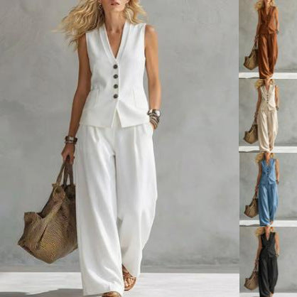 Women's Solid Linen Sleeveless Tank Top & Full-Length Pants Set FitiqueFit