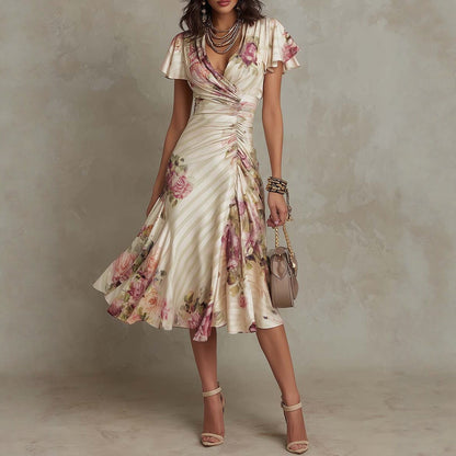 Ruffled Hem Maxi Dress – V-Neck Satin A-Line Color Block Dress FitiqueFit