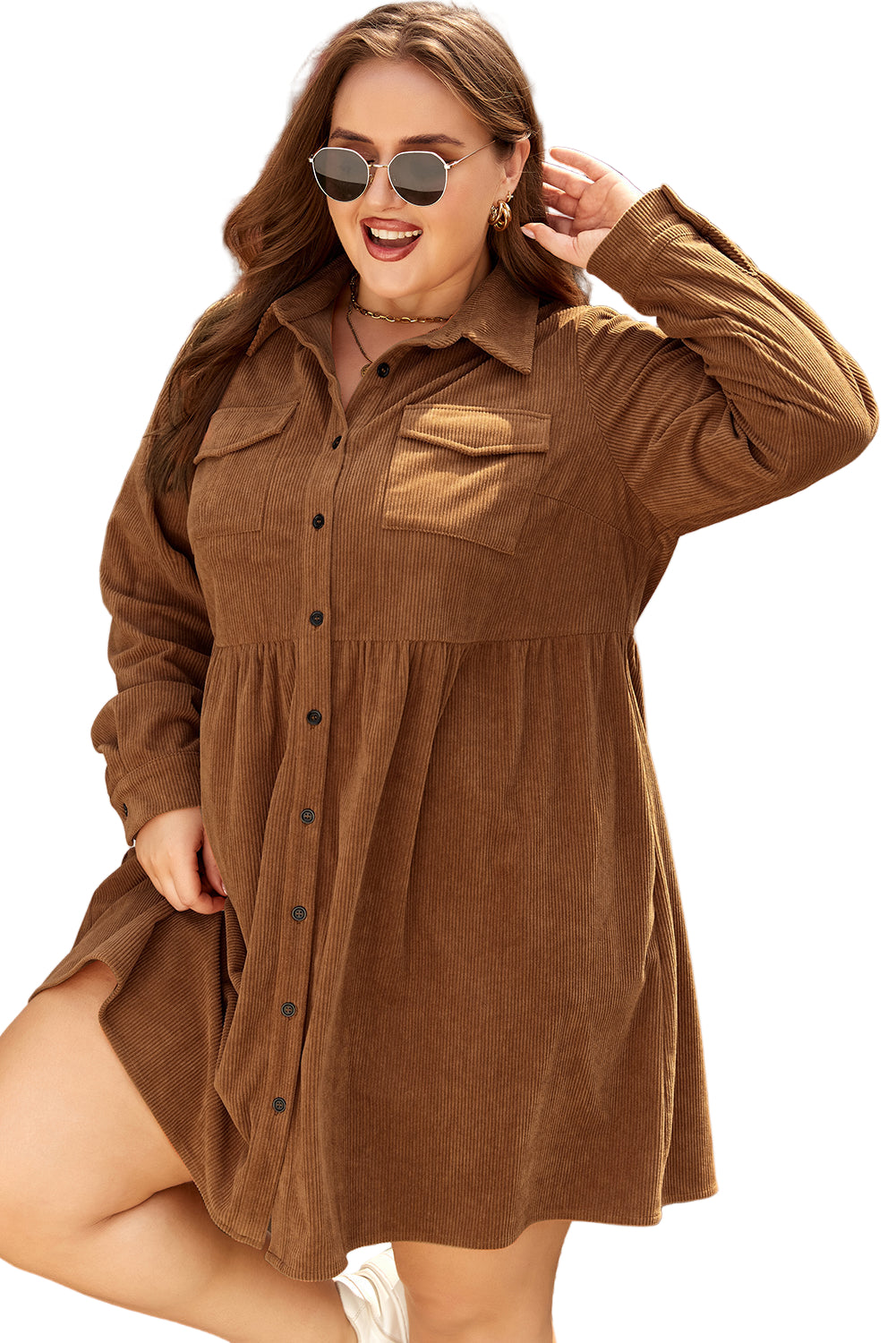 Camel Corduroy Full Buttoned Collared Shirt Style Plus Size Dress Garden Naked Curves