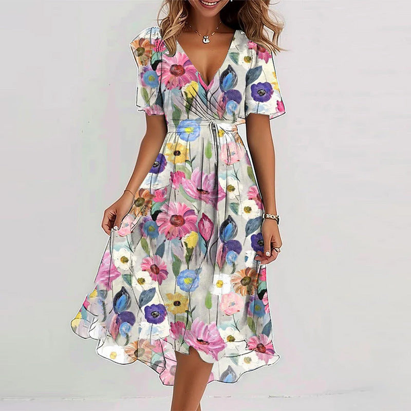 Floral Print A-Line Dress – V-Neck Short Sleeve Midi Dress FitiqueFit
