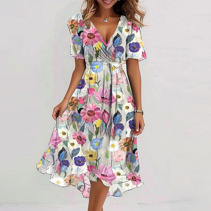 Floral Print A-Line Dress – V-Neck Short Sleeve Midi Dress FitiqueFit