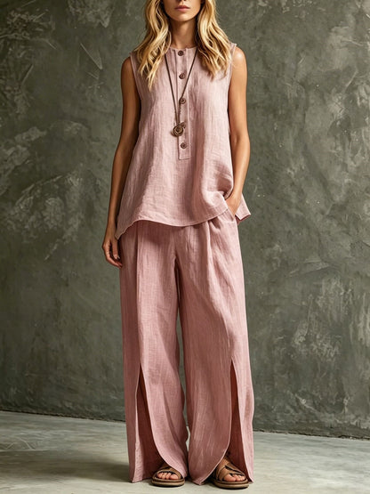 Women's Loose Sleeveless Tank Top & Slit Wide-Leg Pants Two-Piece Set FitiqueFit