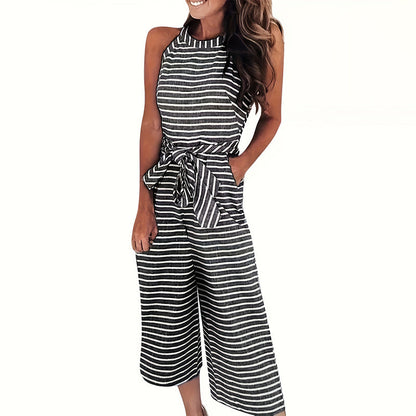 Casual Striped Jumpsuits Summer Cap Sleeve Wide Leg Jumper FitiqueFit