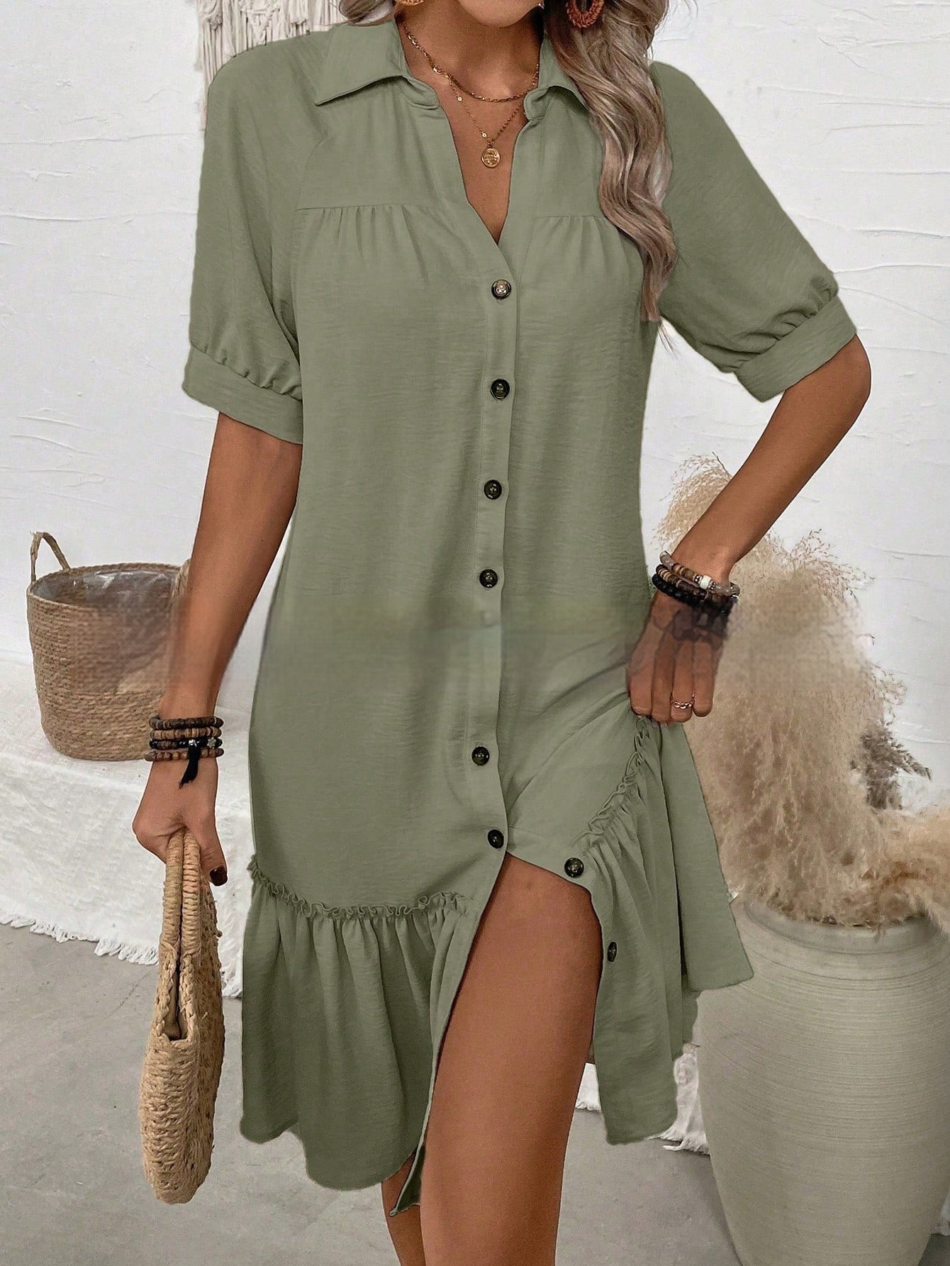 Women's Puff Sleeve Ruffled Hem Mini Dress – Solid Color FitiqueFit