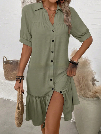 Women's Puff Sleeve Ruffled Hem Mini Dress – Solid Color FitiqueFit