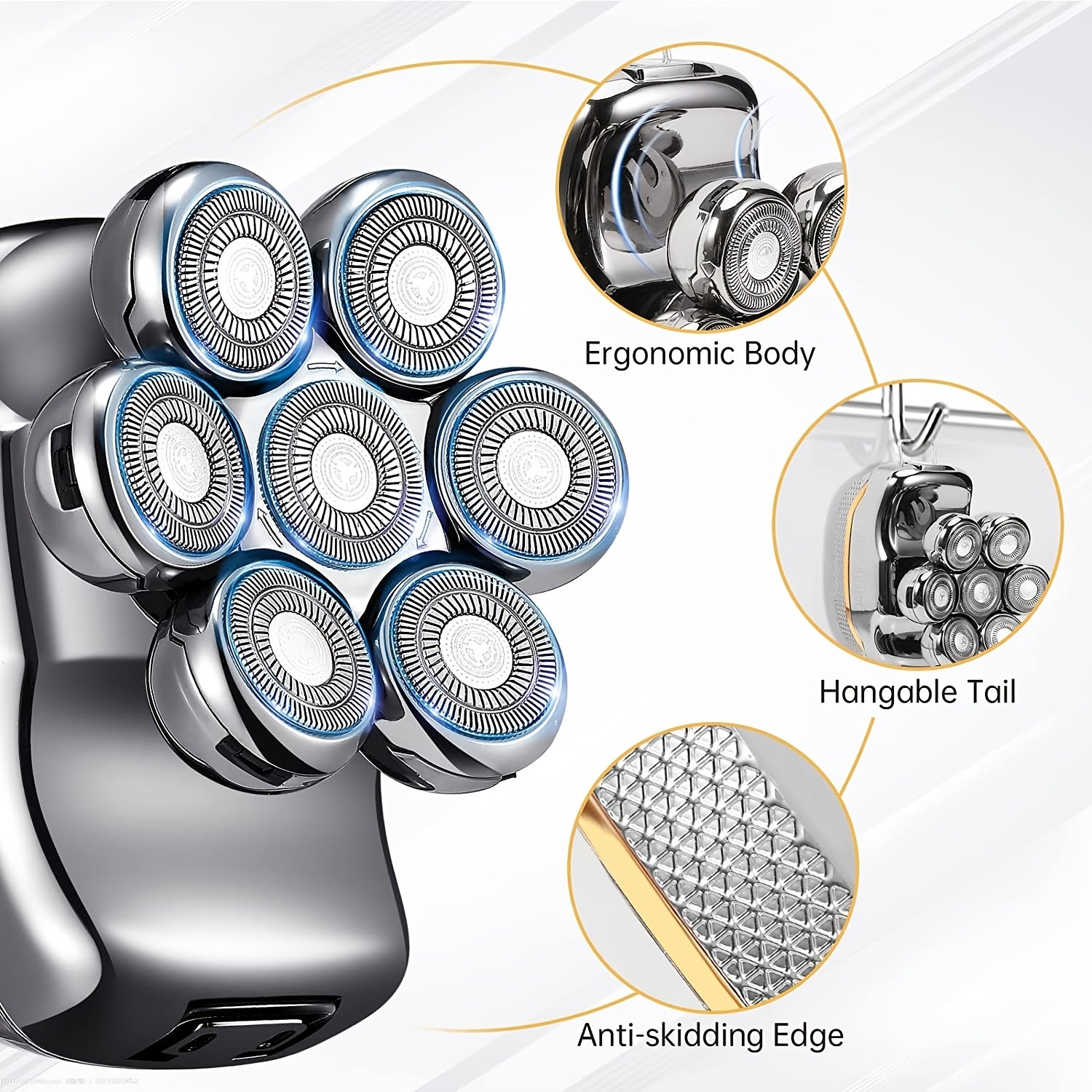 Men's Electronic Head Shaver Razor - Rechargeable Cordless Hair Shaving Razors For Bald Man 6 In 1 Wet Dry Beard Trimmer Body Hair Cutting Clipper Grooming Kit 7 Rotary Heads NovaCart