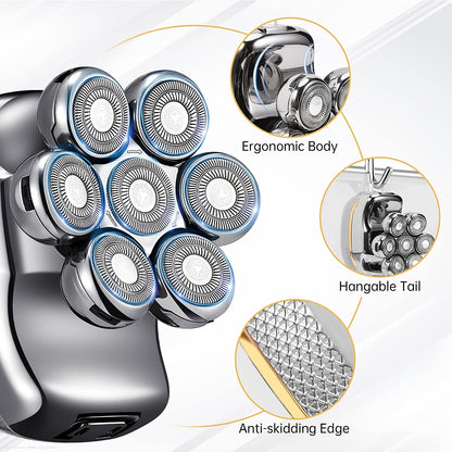 Men's Electronic Head Shaver Razor - Rechargeable Cordless Hair Shaving Razors For Bald Man 6 In 1 Wet Dry Beard Trimmer Body Hair Cutting Clipper Grooming Kit 7 Rotary Heads NovaCart