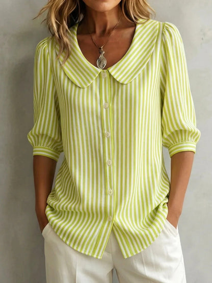 Striped V-Neck Top – Three-Quarter Sleeve Casual Shirt FitiqueFit