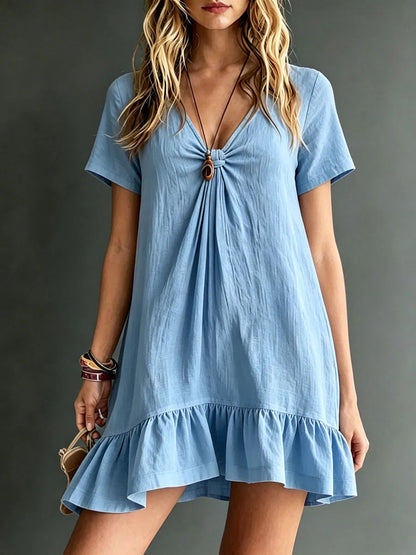 Women's V-Neck Short-Sleeve Midi Dress – Ice Silk Crepe Loose Casual FitiqueFit