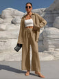 Women'S Solid Collared Button Front Shirt & Tie Front Wide Leg Pants Two-Piece Set, Casual Drop Shoulder Long Sleeve Fitted Top & High Waist Trousers for Spring & Fall, Linen Set, Loose Pant Sets, Casual Matching Sets, Womenswear
