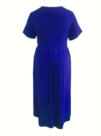 Plus Size Solid Short Sleeve Maxi Dress, Women's Plus Medium Stretch Elegant Long Dress NovaCart