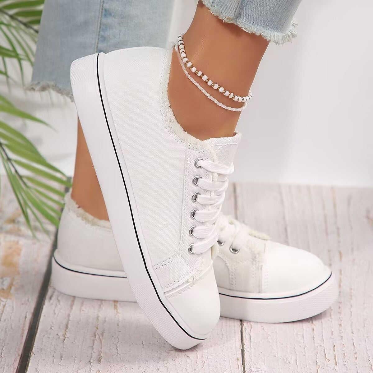 Women's Lace-Up Canvas Sneakers – Lightweight Flat Low-Top FitiqueFit
