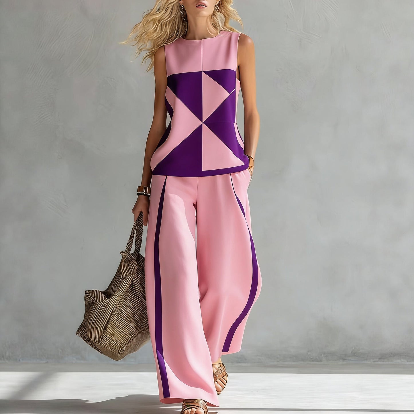 Women's Sleeveless Printed Tank Top & Wide-Leg Pants Two-Piece Set FitiqueFit