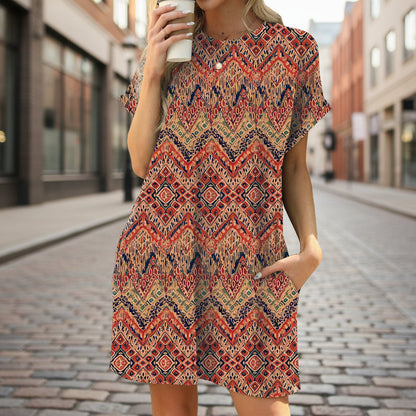 Floral Print Loose Pocket Dress | Round Neck Short Sleeve FitiqueFit