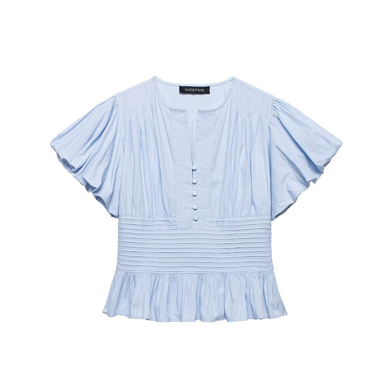 Women's Ruffle-Trim Puff-Sleeve Blouse Top – Slim-Fit Elegant FitiqueFit