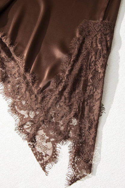 Asymmetric Lace Trim Short Sleeve Satin Top New Era Fashion LLc