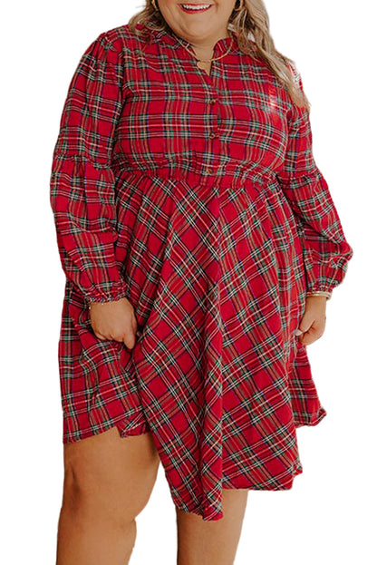 Red Plus Size Plaid Half Button Long Sleeve Holiday Dress Garden Naked Curves