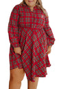 Red Plus Size Plaid Half Button Long Sleeve Holiday Dress Garden Naked Curves